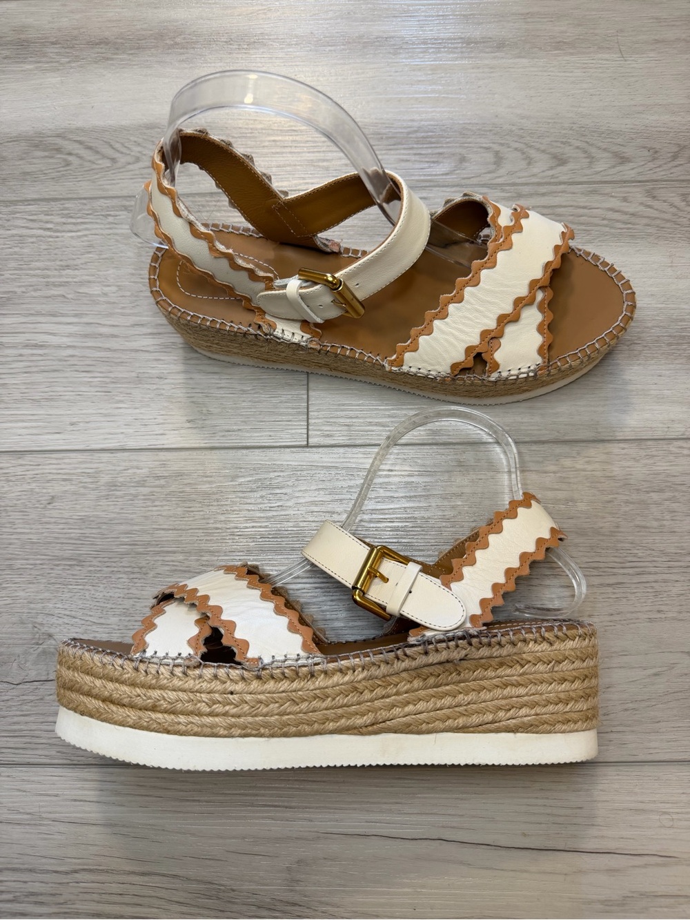 SEE BY CHLOÉ Sandals Glyn Espadrille Platform Strap Tan Leather Women's 10 Sz 41
